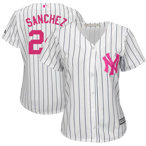New York Yankees #24 Gary Sanchez White Strip Mother's Day Cool Base Women's Stitched Jersey Womens