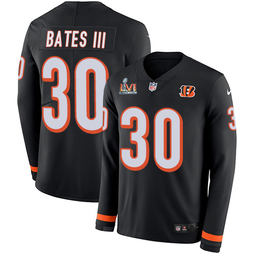 Bengals #30 Jessie Bates III Black Team Color Super Bowl LVI Patch Men's Stitched Limited Therma Long Sleeve Jersey