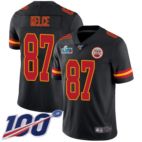 Chiefs #87 Travis Kelce Black Super Bowl LVII Patch Men's Stitched Limited Rush 100th Season Jersey