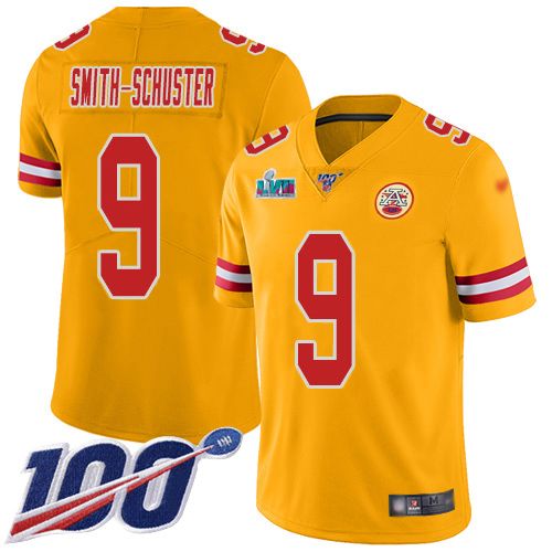 Chiefs #9 JuJu Smith-Schuster Gold Super Bowl LVII Patch Men's Stitched Limited Inverted Legend 100th Season Jersey