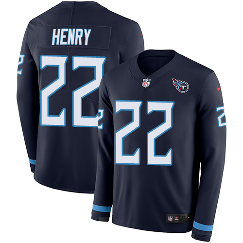 Titans #22 Derrick Henry Navy Blue Team Color Men's Stitched Limited Therma Long Sleeve Jersey