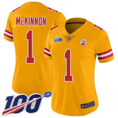Chiefs #1 Jerick McKinnon Gold Super Bowl LVII Patch Women's Stitched Limited Inverted Legend 100th Season Jersey