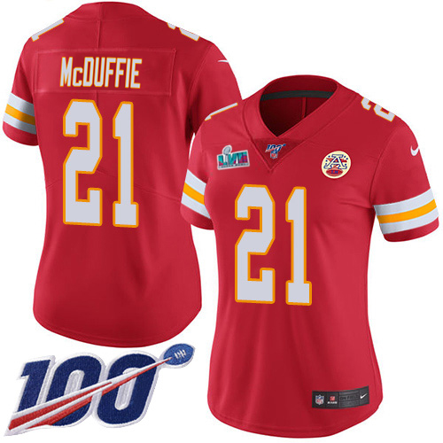 Chiefs #21 Trent McDuffie Red Team Color Super Bowl LVII Patch Women's Stitched 100th Season Vapor Limited Jersey
