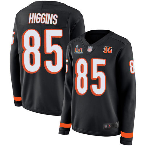 Bengals #85 Tee Higgins Black Team Color Super Bowl LVI Patch Women's Stitched Limited Therma Long Sleeve Jersey