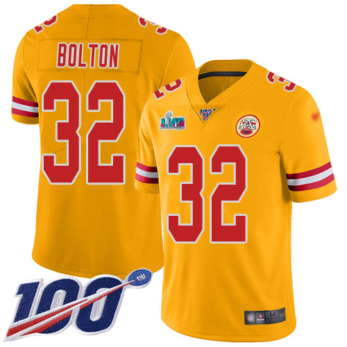 Chiefs #32 Nick Bolton Gold Super Bowl LVII Patch Men's Stitched Limited Inverted Legend 100th Season Jersey