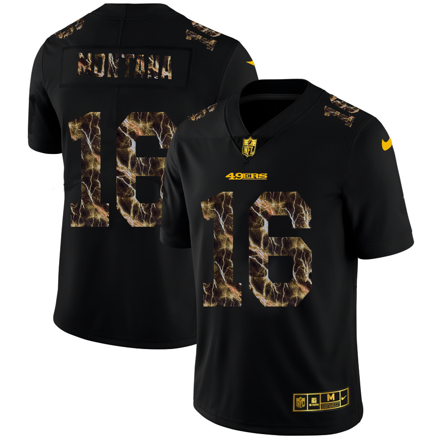 San Francisco 49ers #16 Joe Montana Men's Black Flocked Lightning Vapor Limited Jersey