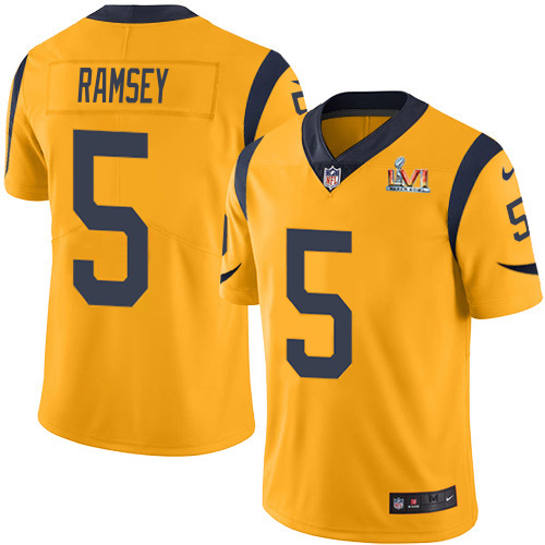 Rams #5 Jalen Ramsey Gold Super Bowl LVI Patch Men's Stitched Limited Rush Jersey