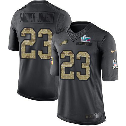 Eagles #23 C.J. Gardner-Johnson Black Super Bowl LVII Patch Youth Stitched Limited 2016 Salute To Service Jersey