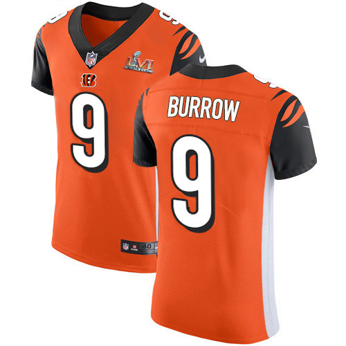 Bengals #9 Joe Burrow Orange Orange Alternate Super Bowl LVI Patch Men's Stitched New Elite Jersey