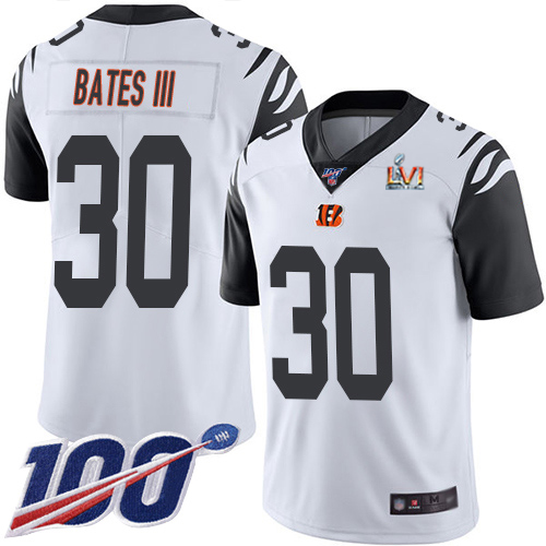 Bengals #30 Jessie Bates White Super Bowl LVI Patch Men's Stitched Limited Rush 100th Season Jersey