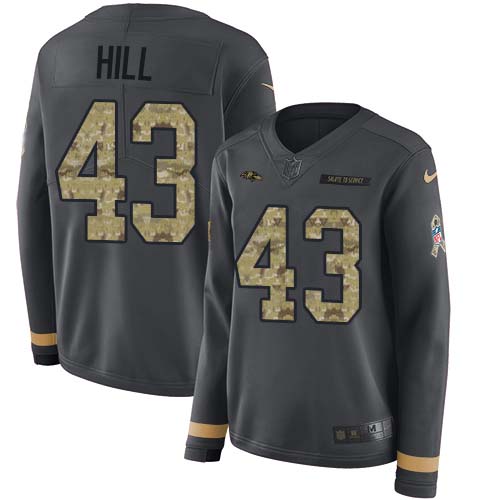 Baltimore Ravens #43 Justice Hill Anthracite Salute to Service Women's Stitched Limited Therma Long Sleeve Jersey Womens
