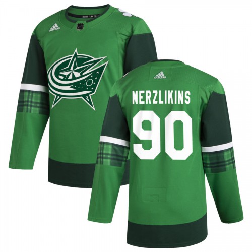 Columbus Columbus Blue Jackets #90 Elvis Merzlikins Men's Adidas 2020 St. Patrick's Day Stitched Jersey Green.jpg.jpg Men's