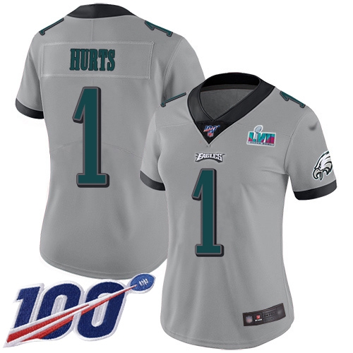 Eagles #1 Jalen Hurts Silver Super Bowl LVII Patch Women's Stitched Limited Inverted Legend 100th Season Jersey