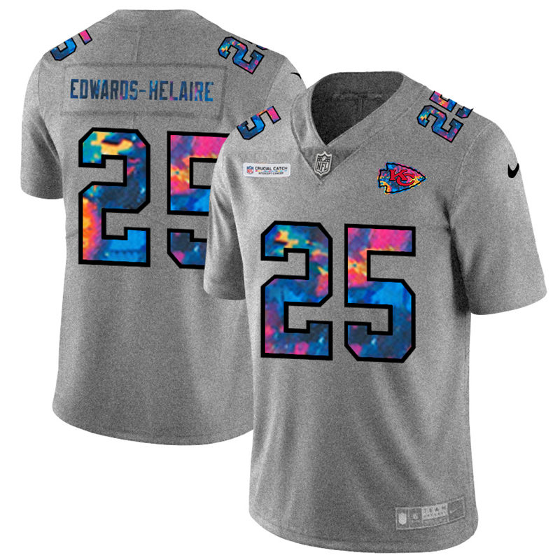 Kansas City Chiefs #25 Clyde Edwards-Helaire Men's Multi-Color 2020 Crucial Catch Jersey Greyheather