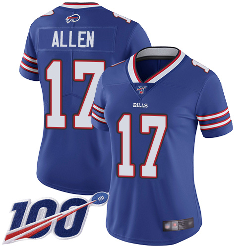 Bills #17 Josh Allen Royal Blue Team Color Women's Stitched 100th Season Vapor Limited Jersey