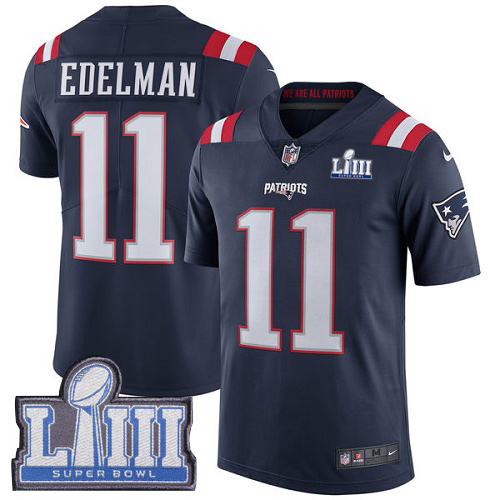 Patriots #11 Julian Edelman Navy Blue Super Bowl LIII Bound Men's Stitched Limited Rush Jersey