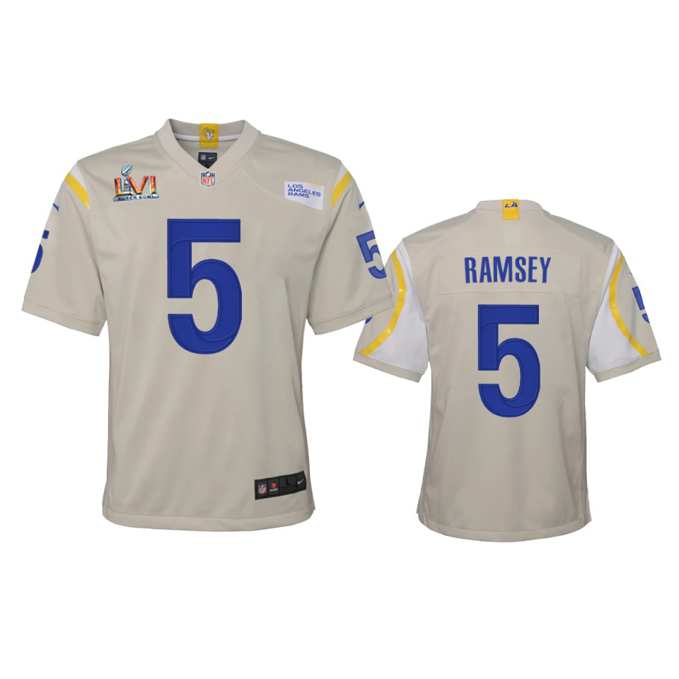 Los Angeles Rams #5 Jalen Ramsey Youth Super Bowl LVI Patch Game Jersey - Bone