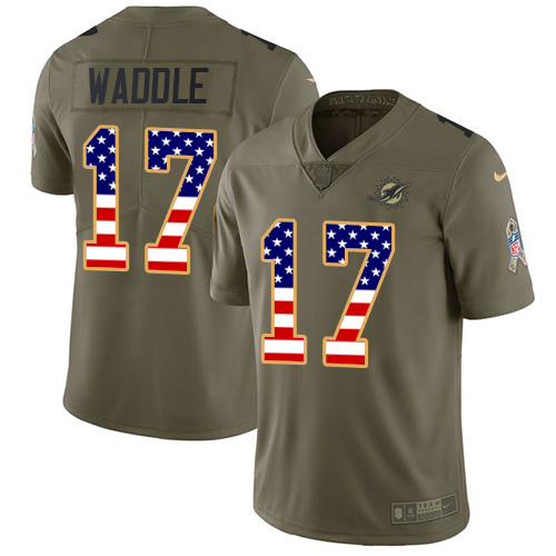 Dolphins #17 Jaylen Waddle Olive/USA Flag Men's Stitched Limited 2017 Salute To Service Jersey