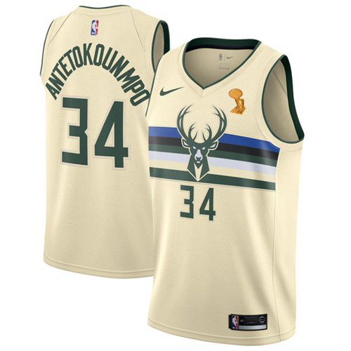 Milwaukee Bucks #34 Giannis Antetokounmpo 2021 Finals Champions Swingman City Edition Jersey Cream Mens