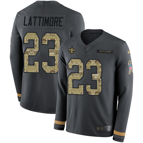 New Orleans Saints #23 Marshon Lattimore Anthracite Salute to Service Youth Stitched Limited Therma Long Sleeve Jersey Youth