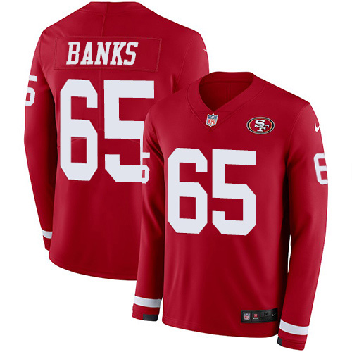 San Francisco 49ers #65 Aaron Banks Red Team Color Youth Stitched Limited Therma Long Sleeve Jersey Youth