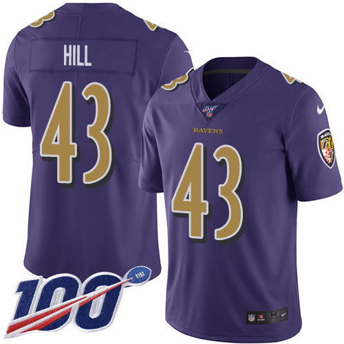 Baltimore Ravens #43 Justice Hill Purple Men's Stitched Limited Rush 100th Season Jersey Men's