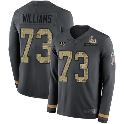 Cincinnati Bengals #73 Jonah Williams Anthracite Super Bowl LVI Patch Salute to Service Youth Stitched Limited Therma Long Sleeve Jersey Youth