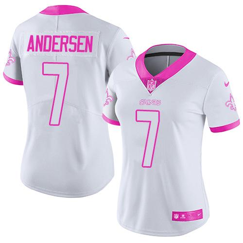 New Orleans Saints #7 Morten Andersen White/Pink Women's Stitched Limited Rush Fashion Jersey Womens