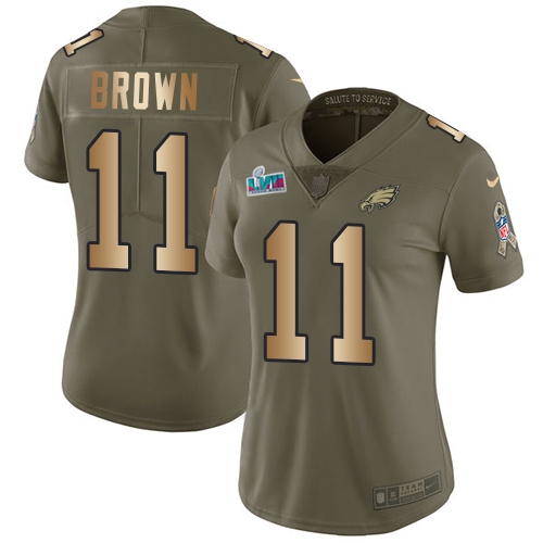 Eagles #11 A.J. Brown Olive/Gold Super Bowl LVII Patch Women's Stitched Limited 2017 Salute To Service Jersey