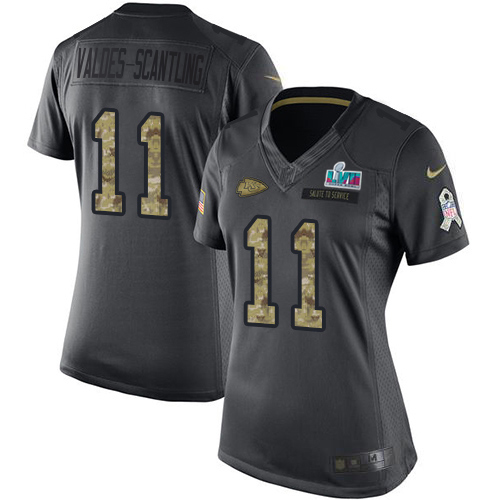 Chiefs #11 Marquez Valdes-Scantling Black Super Bowl LVII Patch Women's Stitched Limited 2016 Salute To Service Jersey