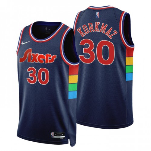 Philadelphia 76ers #30 Furkan Korkmaz Navy Mens 75th Anniversary Diamond Swingman Jersey - Icon Edition Mens