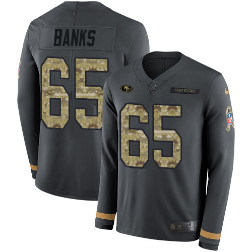 San Francisco 49ers #65 Aaron Banks Anthracite Salute to Service Men's Stitched Limited Therma Long Sleeve Jersey Men's