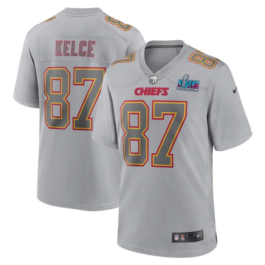 Chiefs #87 Travis Kelce Youth Super Bowl LVII Patch Atmosphere Fashion Game Jersey - Gray