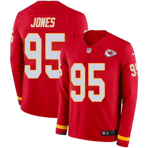 Chiefs #95 Chris Jones Red Team Color Men's Stitched Limited Therma Long Sleeve Jersey