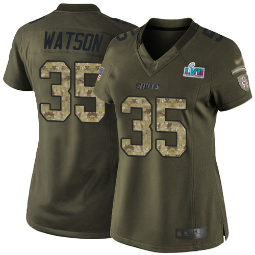 Chiefs #35 Jaylen Watson Green Super Bowl LVII Patch Women's Stitched Limited 2015 Salute To Service Jersey