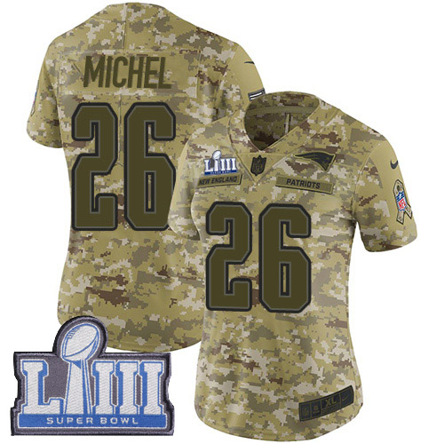New England Patriots #26 Sony Michel Camo Super Bowl LIII Bound Women's Stitched Limited 2018 Salute to Service Jersey Womens