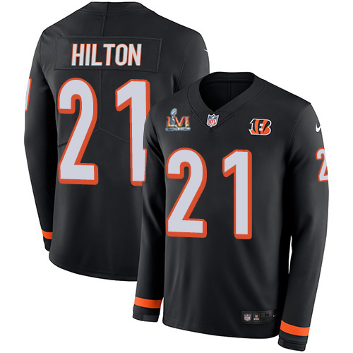 Cincinnati Bengals #21 Mike Hilton Black Team Color Super Bowl LVI Patch Youth Stitched Limited Therma Long Sleeve Jersey Youth
