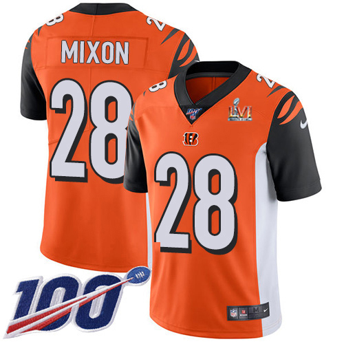 Bengals #28 Joe Mixon Orange Super Bowl LVI Patch Alternate Men's Stitched 100th Season Vapor Limited Jersey
