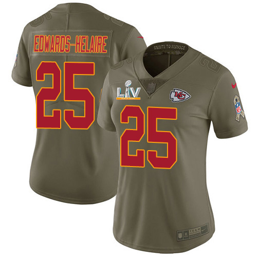 Chiefs #25 Clyde Edwards-Helaire Olive Women's Super Bowl LV Bound Stitched Limited 2017 Salute To Service Jersey