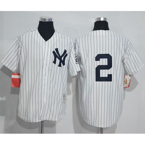 Mitchell And Ness New York Yankees #2 Derek Jeter White Strip Throwback Stitched Jersey Men's