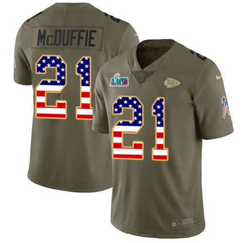Chiefs #21 Trent McDuffie Olive/USA Flag Super Bowl LVII Patch Youth Stitched Limited 2017 Salute To Service Jersey