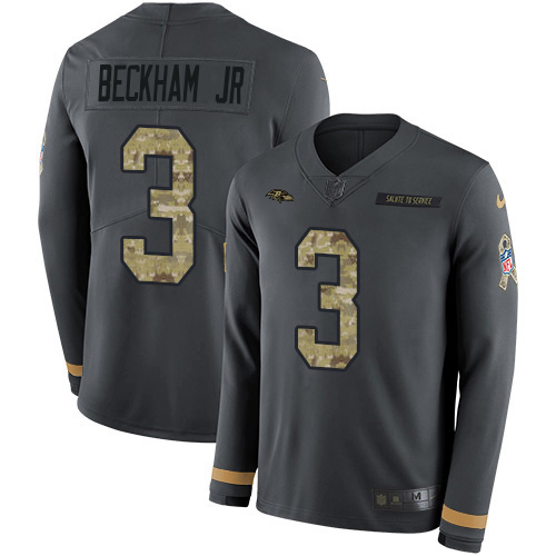 Ravens #3 Odell Beckham Jr. Anthracite Salute To Service Men's Stitched Limited Therma Long Sleeve Jersey