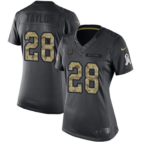 Colts #28 Jonathan Taylor Black Women's Stitched Limited 2016 Salute To Service Jersey