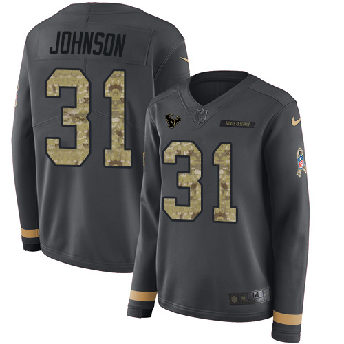 Houston Texans #31 David Johnson Anthracite Salute to Service Women's Stitched Limited Therma Long Sleeve Jersey Womens