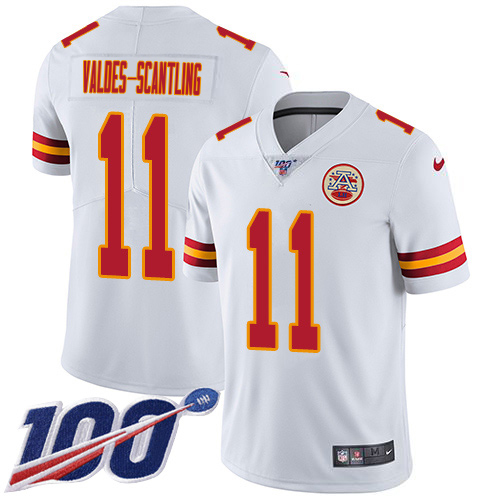 Chiefs #11 Marquez Valdes-Scantling White Super Bowl LVII Patch Youth Stitched 100th Season Vapor Limited Jersey