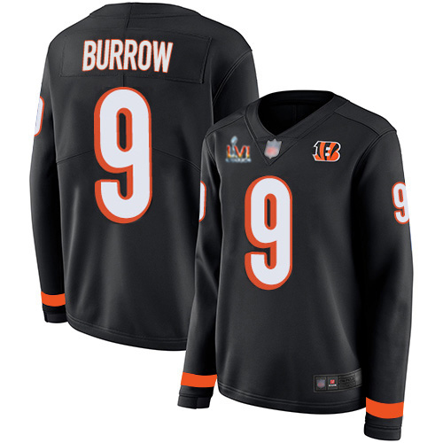 Bengals #9 Joe Burrow Black Team Color Super Bowl LVI Patch Women's Stitched Limited Therma Long Sleeve Jersey