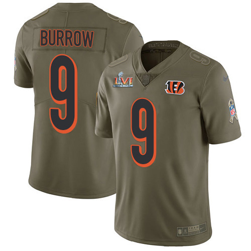Bengals #9 Joe Burrow Olive Super Bowl LVI Patch Men's Stitched Limited 2017 Salute To Service Jersey