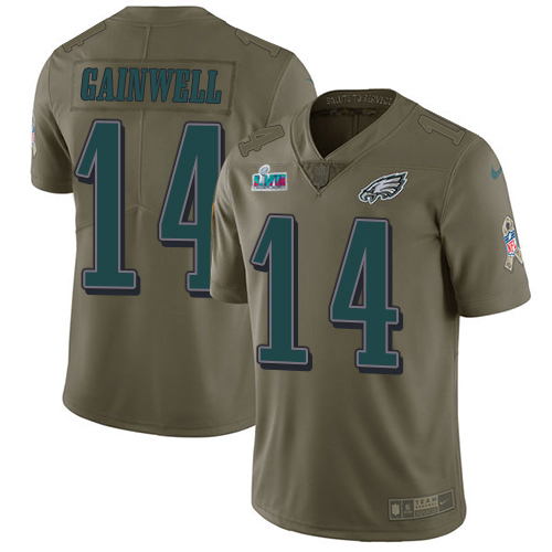 Eagles #14 Kenneth Gainwell Olive Super Bowl LVII Patch Youth Stitched Limited 2017 Salute To Service Jersey