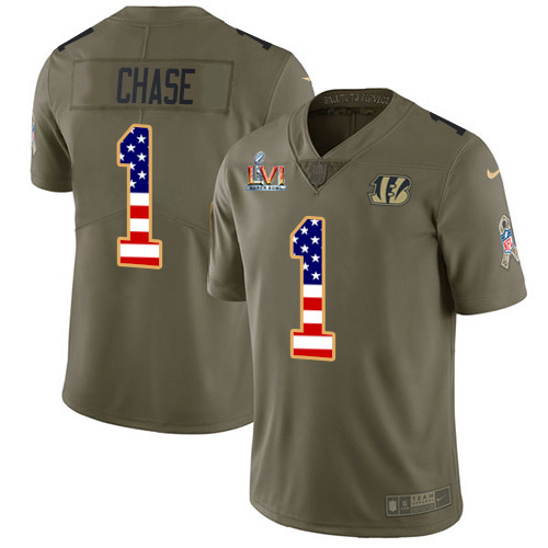 Bengals #1 Ja'Marr Chase Olive/USA Super Bowl LVI Patch Flag Youth Stitched Limited 2017 Salute To Service Jersey