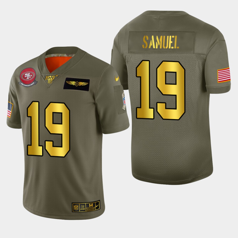 49ers #19 Deebo Samuel Men's Olive Gold 2019 Salute To Service 100 Limited Jersey